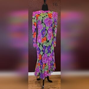 Vibrant Floral Long Sleeve Drop Waist Dress